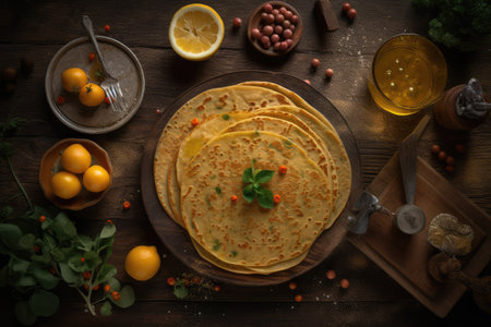 Chickpea Pancake, Socca Flatbread, Ceci Chilla Flat Bread, Besan Cheela, Chickpea Pancake Top View, Abstract Generative AI Illustrationの素材