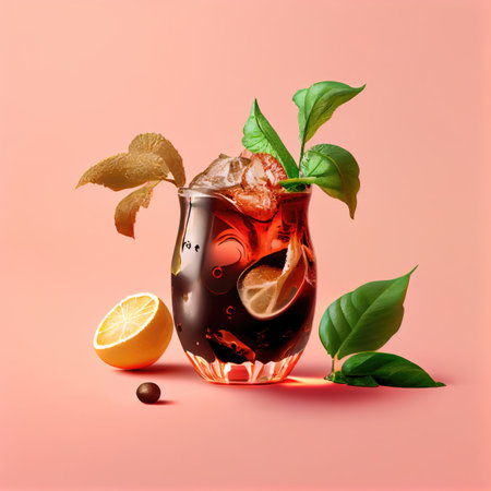 Cuba Libre or Long Island Iced Tea Cocktail on Pink Background, Beach Party Cocktail, Summer Bar Drink Drawing Imitation, Abstract Generative AI Illustrationの素材