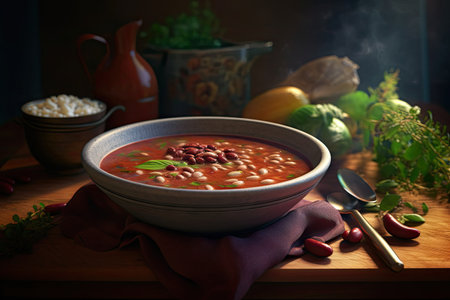Chili Soup with Red Beans, Bean Minestrone, Vegetarian Chili Con Carne Bean Stew Bowl Closeup, Abstract Generative AI Illustrationの素材