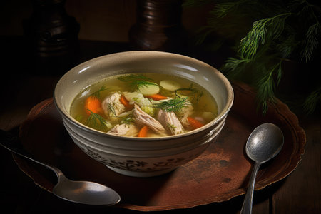 Chicken Soup, White Bouillon with Vegetables, Homemade Meat Broth Bowl, Chicken Soup, Abstract Generative Ai Illustrationの素材