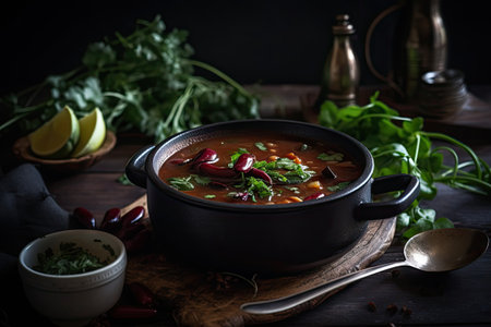 Chili Soup with Red Beans, Bean Minestrone, Vegetarian Chili Con Carne Bean Stew Bowl Closeup, Abstract Generative AI Illustrationの素材