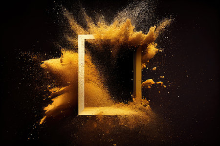 Gold Powder Explosion with Frame, Golden Dust Splash Border, Yellow Glitter Blast Texture Background, Abstract Generative AI Illustrationの素材