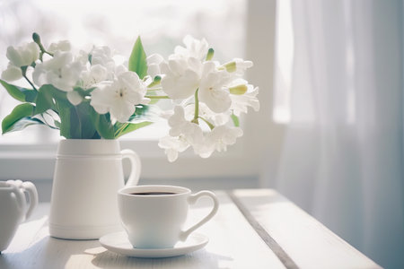 Coffee Cup on White Table Background, Cozy Morning Coffee Mug, Sweets, Copy Space, Abstract Generative AI Illustrationの素材