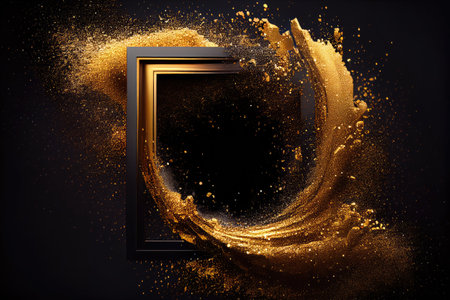 Gold Powder Explosion with Frame, Golden Dust Splash Border, Yellow Glitter Blast Texture Background, Abstract Generative AI Illustrationの素材