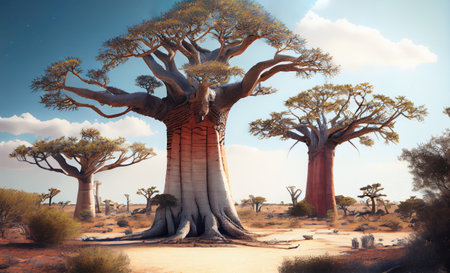 Baobab Tree, Africa Landscape, Madagascar Nature, Baobab Trees, Drawing Imitation, Abstract Generative Ai Illustrationの素材