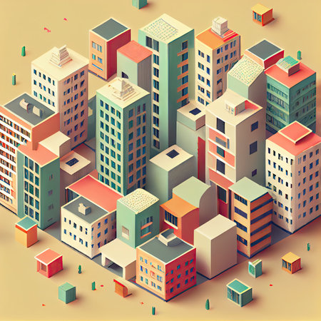 Isometric Buildings Pattern, Houses Texture Background, Isometric Town 3d Drawing Imitation, Abstract Generative AI Illustrationの素材