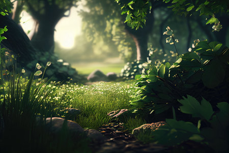 Green Foliage, Mysterious Summer Forest Tunnel, Sunny Path in Dense Vegetation, Drawing Imitation, Abstract Generative AI Illustrationの素材