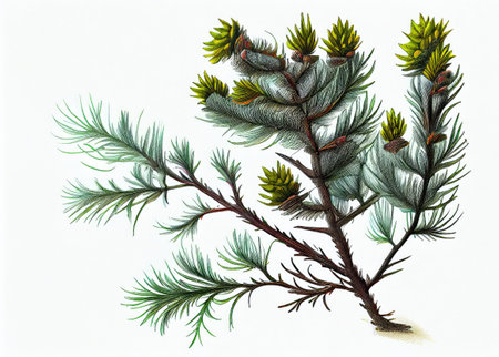 larix Botanical Illustration, a Fantasy Non-Existent Plant Drawing Imitation, Abstract Generative AI Illustrationの素材