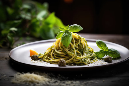 Pesto Spaghetti, Green Sauce Basil Pasta, Traditional Italian Pesto Spaghetti, Abstract Generative AI Illustrationの素材
