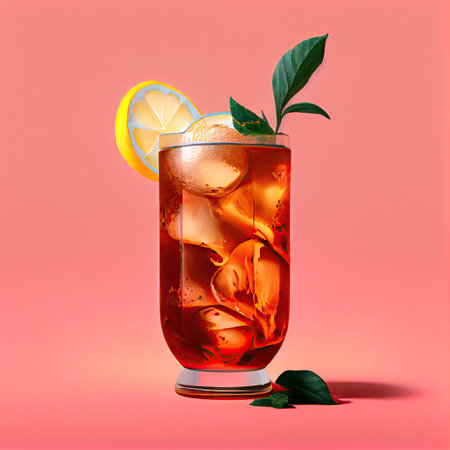 Cuba Libre or Long Island Iced Tea Cocktail on Pink Background, Beach Party Cocktail, Summer Bar Drink Drawing Imitation, Abstract Generative AI Illustrationの素材