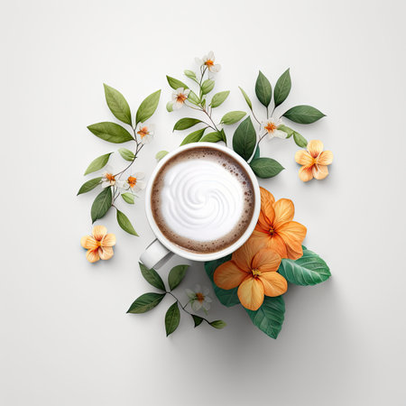 Coffee Cup Top View Flat Lay, Cozy Breakfast, Flower Morning Coffee Mug, Copy Space, Abstract Generative AI Illustrationの素材