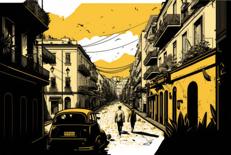Naples Travel Illustration, Italian Tourism Concept, Skylines, Landmarks, Architecture Attraction, Naples Silhouette Graphic Artの素材