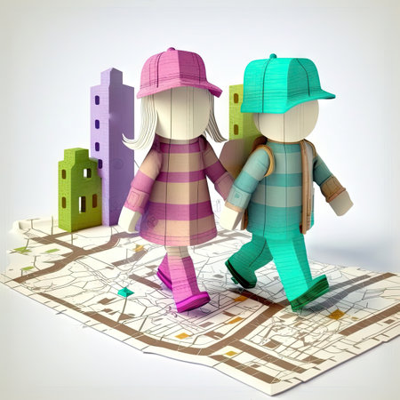 Children Go on Map, Orientation, Navigation, Travel, Road Concept, Gps, Cartography Metaphor, 3d Imitation, Abstract Generative AI Illustrationの素材