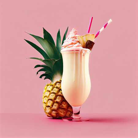 Pina Colada Alcohol Cocktail on Pink Background, Tropical Mocktail, Beach Party Cocktail, Summer Bar Drink Drawing Imitation, Abstract Generative AI Illustrationの素材