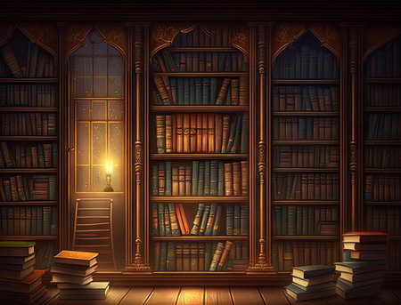 Old Library, Vintage Bookshelf, Ancient Bookcase, Antique Book Shop, Old University Library Abstract Generative Ai Illustrationの素材