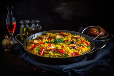 Seafood Paella, Spanish Rice With Shrimp In Pan, Traditional Mediterranean Cuisine, Sea Food Paella, Abstract Generative AI Illustrationの素材