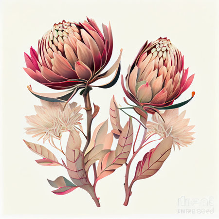 Protea Flower Isolated, Vintage Painting, African Protea Drawing Imitation, Luxurious Exotic Flower, Abstract Generative AI Illustrationの素材