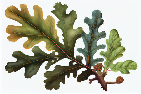 Oak Twig Botanical Illustration,Fantasy Non-Existent Plant, Quercus Plant Isolated, Drawing Imitation, Abstract Generative AI Illustrationの素材