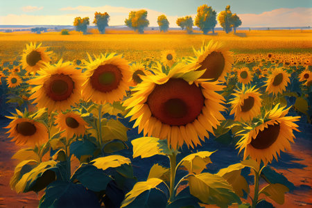 Sunflower Field Landscape, Panoramic Sun Flowers Farm, Sunflowers Drawing Imitation, Abstract Generative AI Illustrationの素材