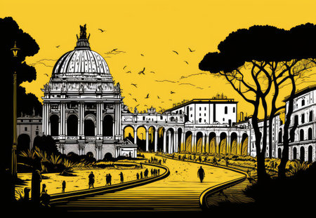 Rome Travel Illustration, Italian Tourism Concept, Skylines, Landmarks, Architecture Attraction, Rome Silhouette Graphic Art, Drawing Imitation, Generative AI Illustrationの素材