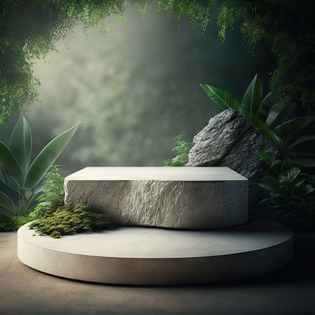 Stone Podium, Nature Product Display Platform, Green Leaves Background, Rock Jungle Pedestal, Concrete Stone Podium, Abstract Generative AI Illustrationの素材