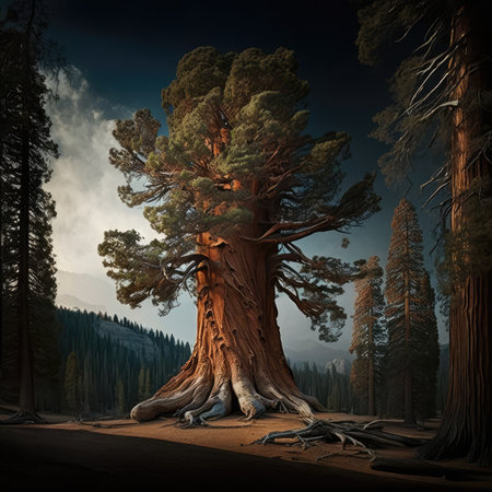 Sequoia Tree, Giant Pine in Nature Forest, Redwood Park with Sequoia Tree Drawing Imitation, Abstract Generative AI Illustrationの素材