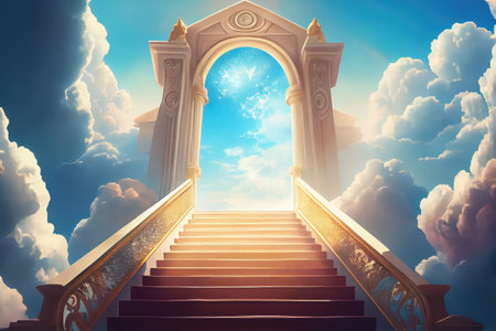 Heaven Stairs, Road to Light, Paradise Sky, Afterlife Way Drawing Imitation, Steps to Heaven Abstract Generative Ai Illustrationの素材