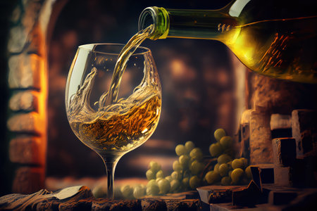Pouring Wine into Glass, Wineglass Motion, White Drink Splashing, Pouring White Wine, Abstract Generative AI Illustrationの素材