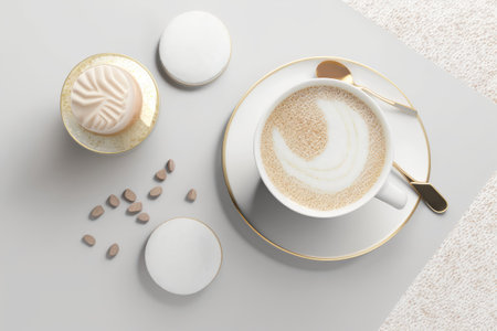 Coffee Cup on White Table Background Top View Flat Lay, Minimalist Morning Coffee Mug Drawing Imitation, Sweets, Copy Space, Abstract Generative AI Illustrationの素材