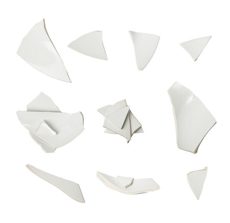 Broken Plate Isolated, White Ceramic Pieces, Smashed Crockery Bowl, Stress Concept, Porcelain Shards...
