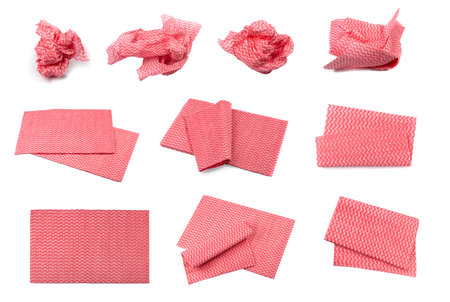 Crumpled Cleaning Cloth Isolated, Pink Wipe Rag, Cleaning Microfiber Towel, Wiping Cotton Napkin, Microfibre Fabric for Cleanliness, Kitchen Cloths on White Backgroundの写真素材