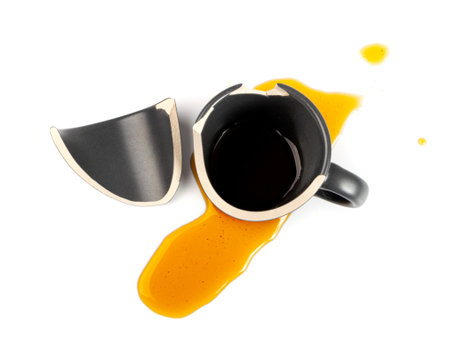Broken Mug Isolated, Black Ceramic Cup Pieces, Smashed Teacup, Careless Concept, Empty Broken Mug on White Backgroundの写真素材