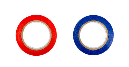 Blue Red Electrical Tape Isolated, Plastic Duct Tape Rolls, Colored Adhesive Tapes on White Backgroundの写真素材