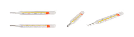 Medical Thermometer Set Isolated, Temperature Measuring, Fever, Glass Medical Thermometer on White Backgroundの写真素材