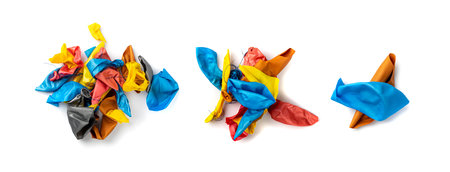 Popped Balloon Isolated, Deflated Ball, Burst Ballon, Latex Rubber Garbage, Popped Balloon on White Backgroundの写真素材