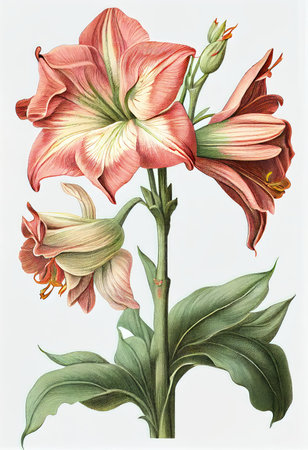 Amaryllis Flower Botanical Illustration, Hippeastrum Pot Flowers Realistic Painting, Amaryllis Drawing Imitation, Abstract Generative AI Illustrationの素材