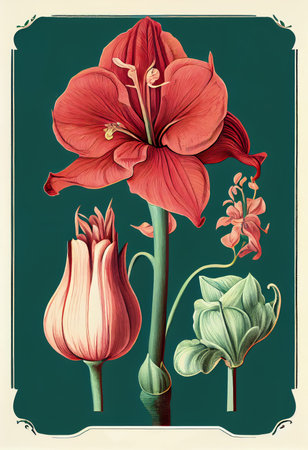 Amaryllis Flower Botanical Illustration, Hippeastrum Pot Flowers Realistic Painting, Amaryllis Drawing Imitation, Abstract Generative AI Illustrationの素材