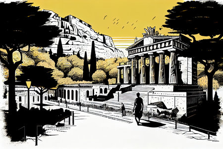 Athens Travel Illustration, Greece Tourism Concept, Western Europe Landmarks, Athens Silhouette Graphic Art, Drawing Imitation, Abstract AI Generative Contentの素材