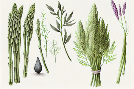 Asparagus, or Garden Asparagus, Sparrow Grass Botanical Illustration, Asparagus Officinalis Drawing Imitation, Abstract Generative AI Illustrationの素材