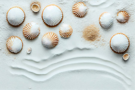 Sea Shell Texture Background, Colorful Seashell Pattern, Sea Shells on White Sand with Copy Space Drawing Imitation, Abstract Generative AI Illustrationの素材
