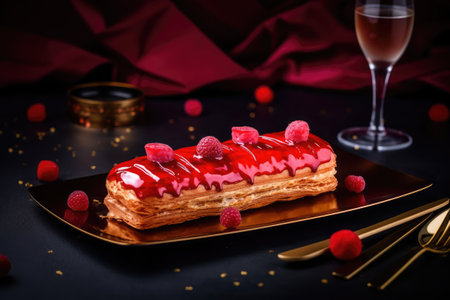 Red Eclair Cake, Delicious Delicious Dessert, Strawberry Mirror Glazed Eclair on Dark Background, Abstract Generative AI Illustrationの素材