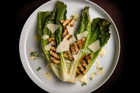 Grilled Lettuce, Green Romaine Lettuce Leaves Barbecue, Grilled Green Salad on Dark Background, Abstract Generative AI Illustrationの素材