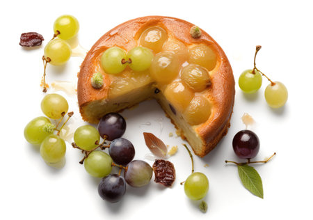 Gooseberry Cake, Goose Berry Pie, Homemade Cake with Gooseberries and Grapes on White Background Top View, Abstract Generative AI Illustrationの素材