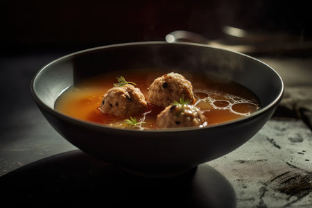 Meatball Soup, Mexican Albondigas, Spicy Food with Meat Balls, Meatball Soup on Dark Background, Abstract Generative Ai Illustrationの素材