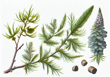 larix Botanical Illustration, a Fantasy Non-Existent Plant Drawing Imitation, Abstract Generative AI Illustrationの素材