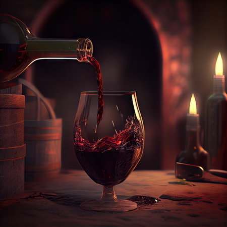 Pouring Wine into Glass, Wineglass Motion, Red Drink Splashing, Pouring Red Wine, Abstract Generative AI Illustrationの素材