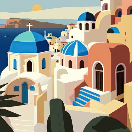 Santorini Travel Illustration, Greece Tourism Concept, Western Europe Landmarks, Athens Silhouette Graphic Art, Drawing Imitation, Abstract AI Generative Illustrationの素材