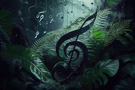 Rain Forest Music Collage, Jungles Melody, Classic Musical Surreal Poster, Trees, Plants Music Concept, Nature Sounds Drawing Imitation, Abstract Generative AI Illustrationの素材