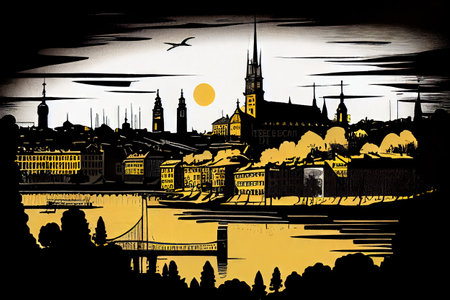 Stockholm Travel Illustration, Sweden Tourism Concept, Western Europe Landmarks, Stockholm Silhouette Graphic Art, Drawing Imitation, Abstract AI Generative Contentの素材