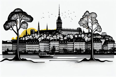 Stockholm Travel Illustration, Sweden Tourism Concept, Western Europe Landmarks, Stockholm Silhouette Graphic Art, Drawing Imitation, Abstract AI Generative Contentの素材